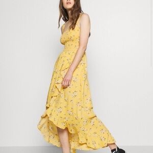Hollister Hi-Low Smocked Yellow Floral Midi Maxi Dress Size M